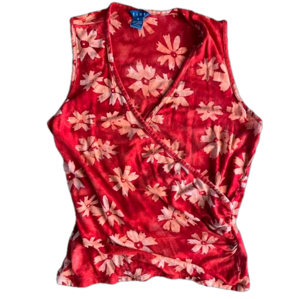 CLEARANCE Tint burnt orange sleeveless floral crossover top, rayon & spandex